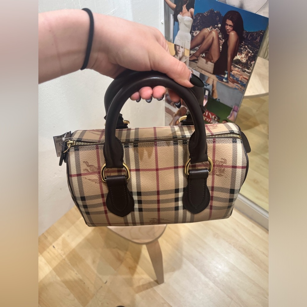Burberry Beige Plaid Top-Handle Satchel with Dark Brown Trim - Picture 4 of 10